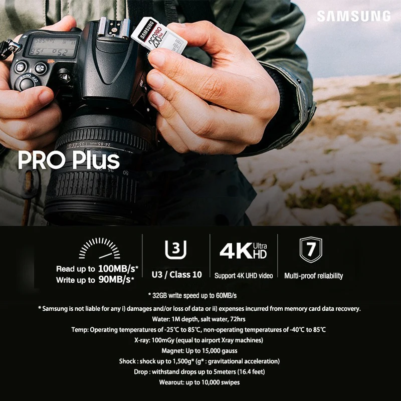 

SAMSUNG PRO Plus SDHC/SDXC SD Card 256gb 128gb 64gb 32gb U3 UHS-I up to read 100MB/s write 60MB/s C10 for 4K UHD & FHD video