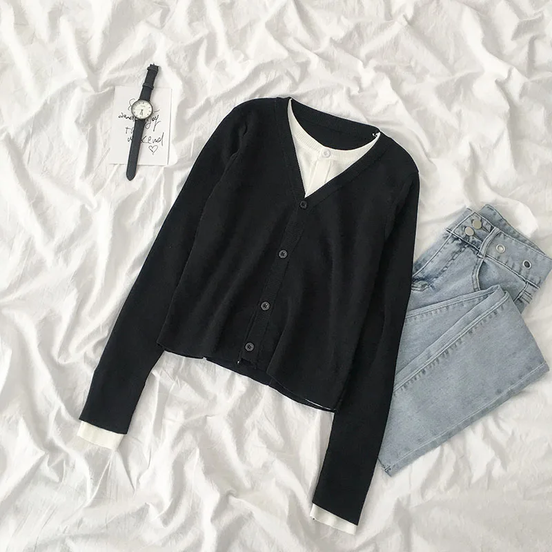 Joinyouth 2020 Spring New Knitted Cardigan Coat Single Breasted Fake Two Pieces Sweater Jacket Women Long Lseeve Knitwear 59445 |