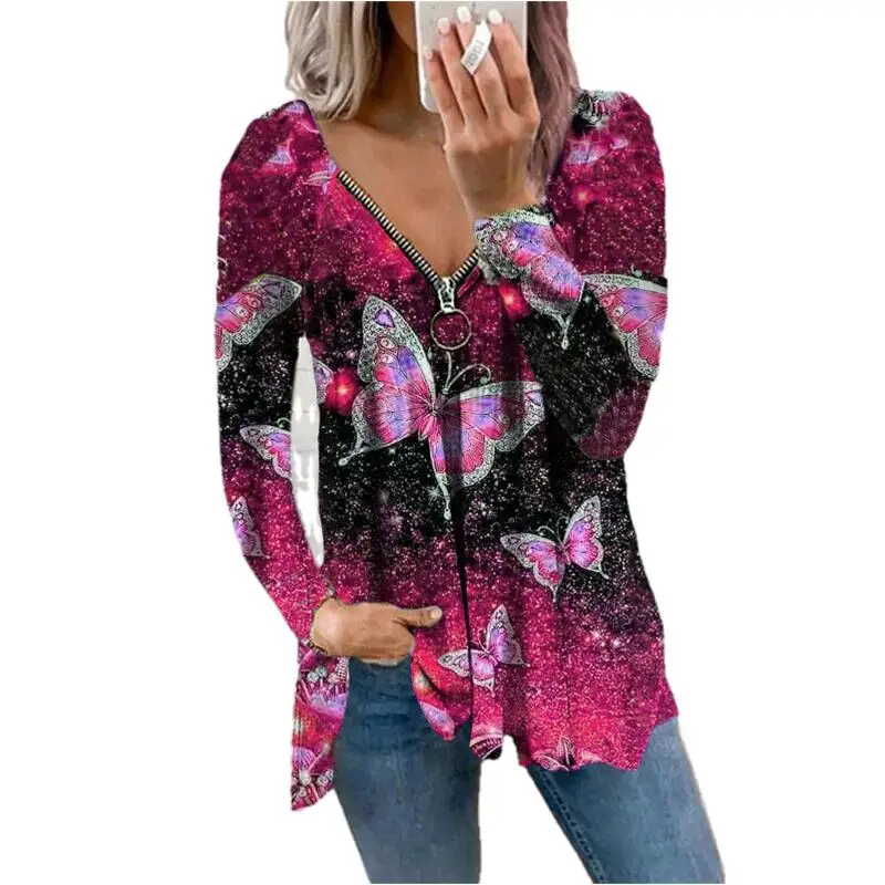 

Осенняя Женская хипстерская уличная футболка на молнии с принтом бабочки, Повседневная Свободная футболка с V-образным вырезом и длинным ру...