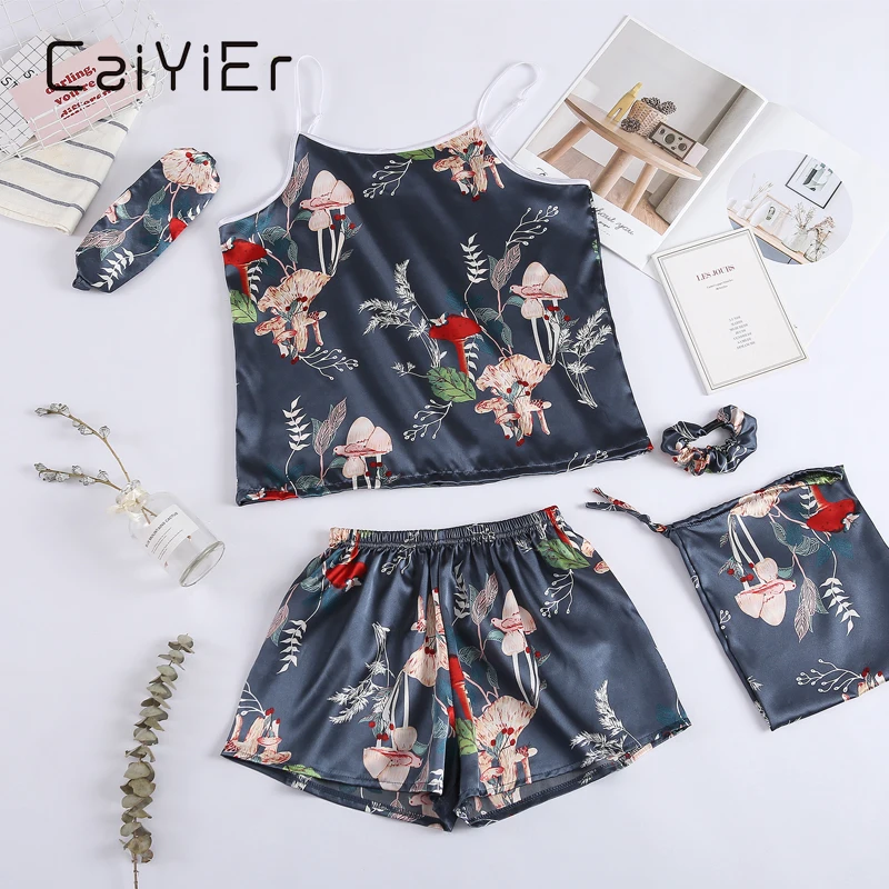 CAIYIER 7 Pcs Flower Silk Satin Pajamas Set Sexy Lingerie Sleepwear Suit Long Sleeve Top Elastic Waist Pants Women Robe Homewear