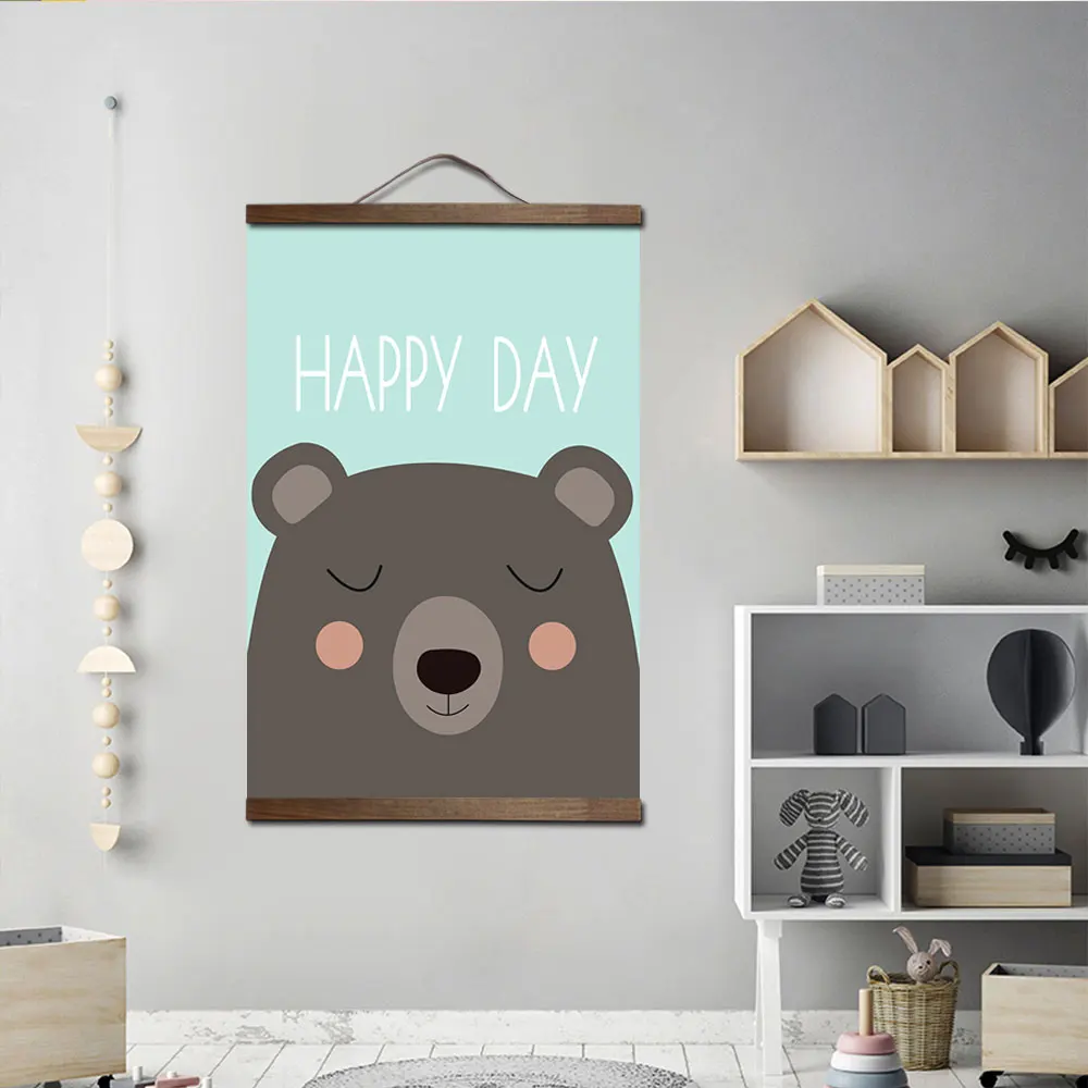 

ZHUGEGE custom baby kids room Cute animal bear canvas black walnut hanging scroll painting wall art poster home decor Pendant