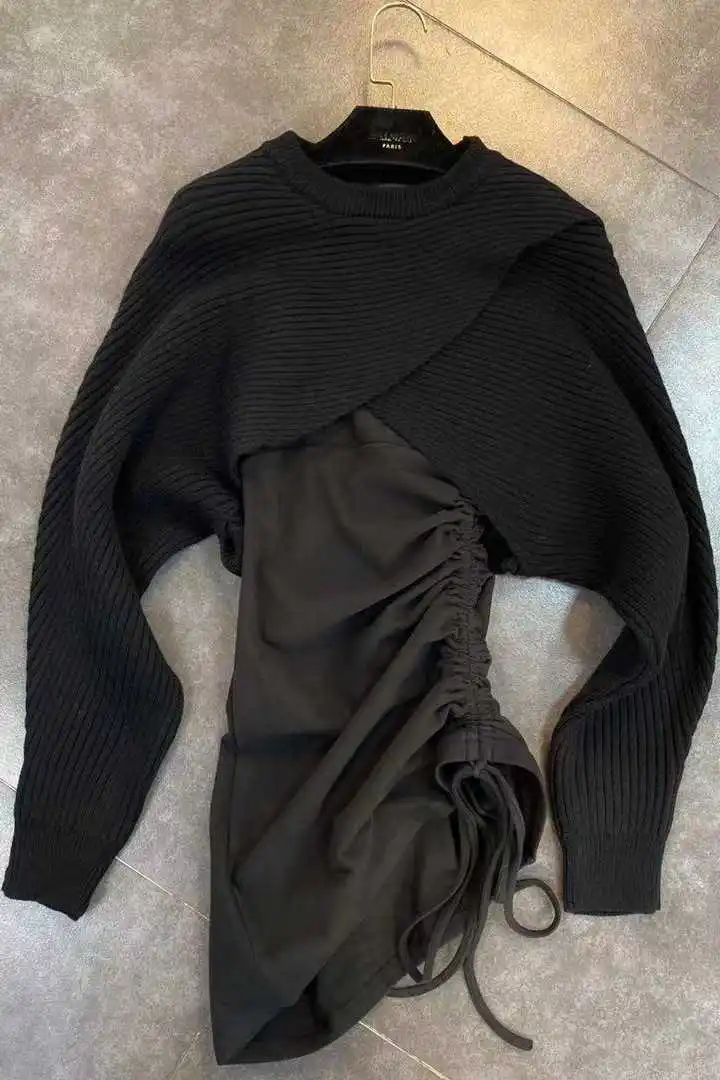 

Spring Arrivals O Neck Long Sleeve Sweater Short Mini Drawstring Dress Two Piece Set Women