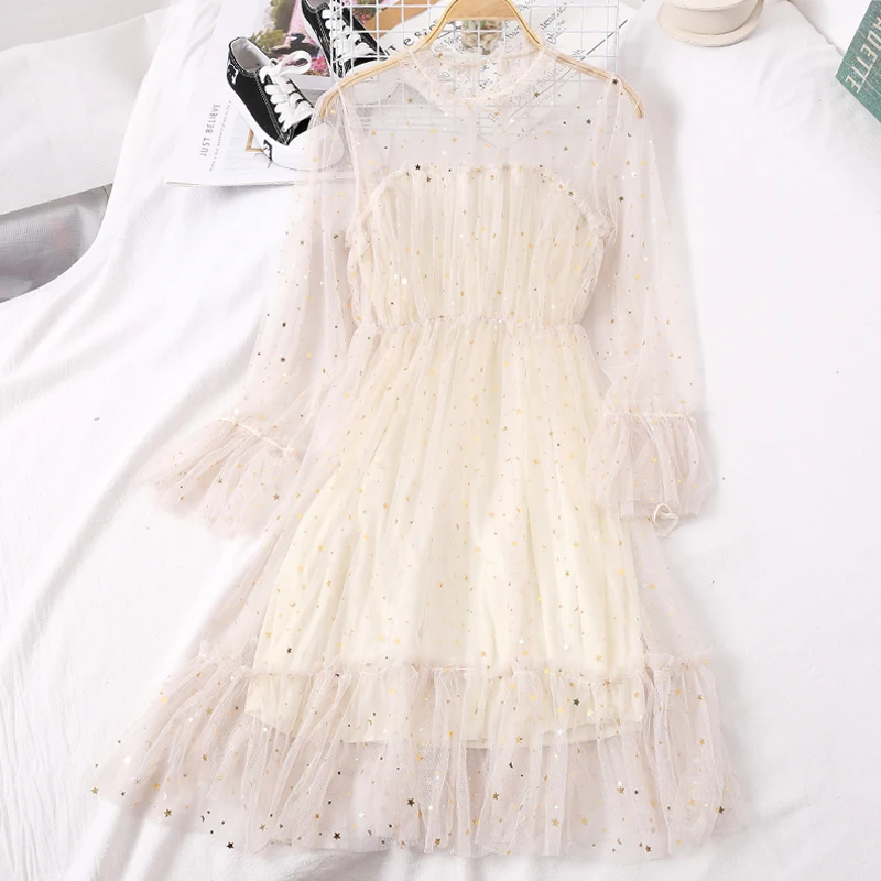 2019 Новое модное женское платье звезды блестки с длинными рукавами и высокой