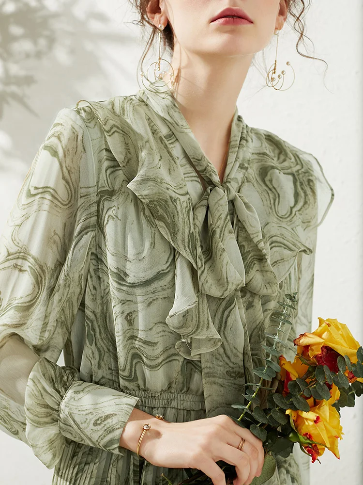 Vintage Elegant Chiffon Midi Dress Women Clothes 2020 Spring Party Long Sleeve Ladies Dresses Pleated Vestidos | Женская одежда