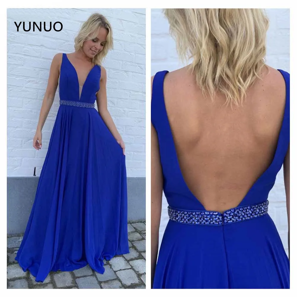 

YUNUO Royal Blue Prom Dresses A Line Chiffon Robe de soirée Deep V-neck Evening Dresses Long Party Formal Gowns with Beading