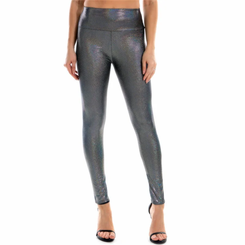 

Women Leggings Shiny Metallic Holographic Sexy High Waist Elastic PU Leather Pants Long Legging Streetwear Women Dance Clubwear