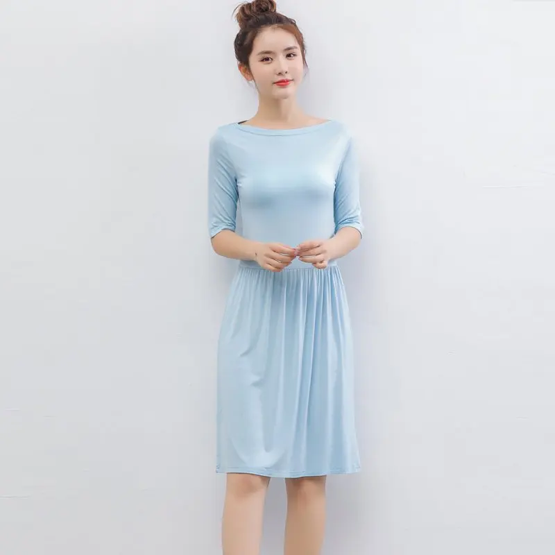 Платье из модала с вырезом лодочкой и коротким рукавом однотонное платье|Женские