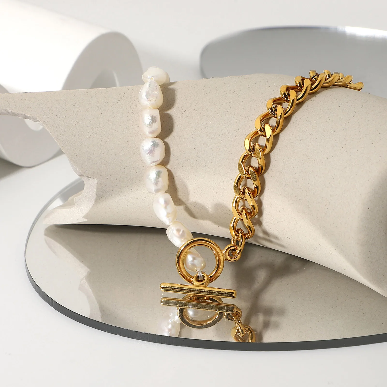 

Women Gifts Stainless Steel & Natural Pearl Necklace 18K Real Gold Plated White Necklace For Jewelry 43cm(16 7/8") long, 1 Piece