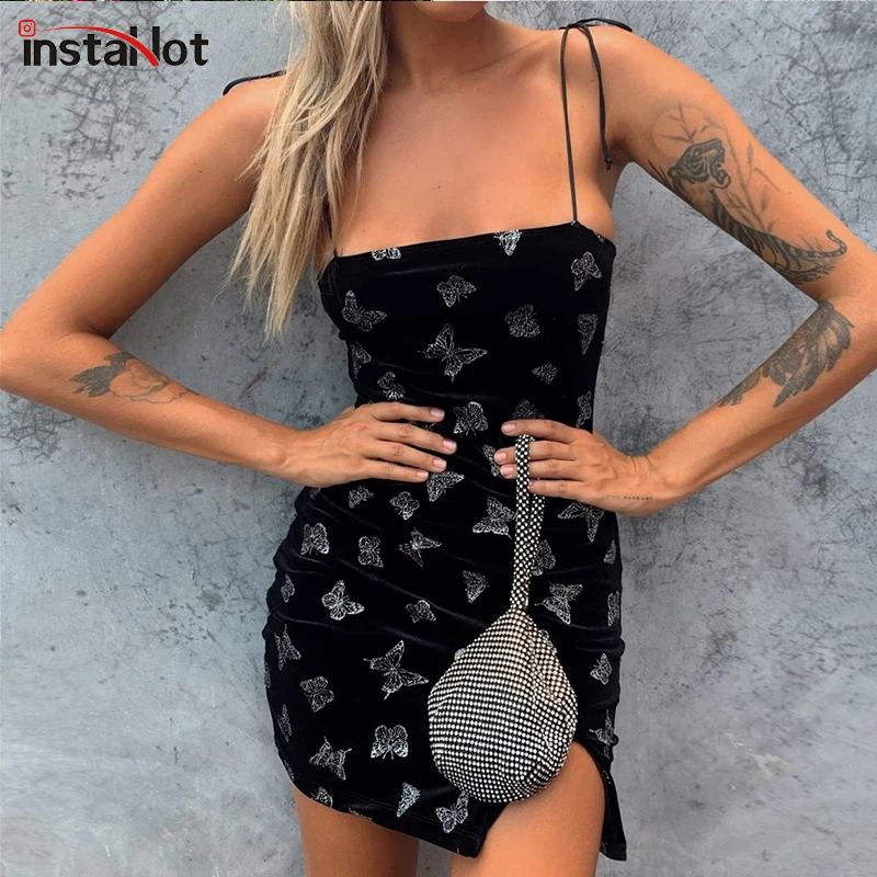 InstaHot сексуальное черное платье на бретельках с принтом бабочки разрезом для