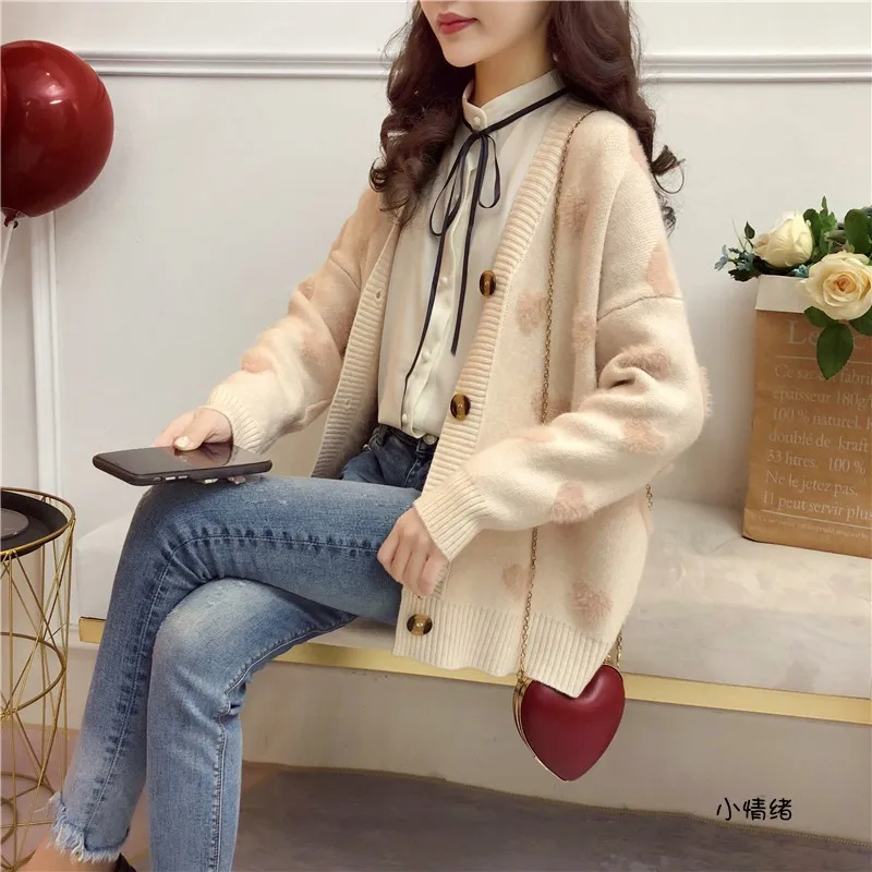 Кардиган с сердцем свитер женская одежда принт желтый розовый синий шерсть