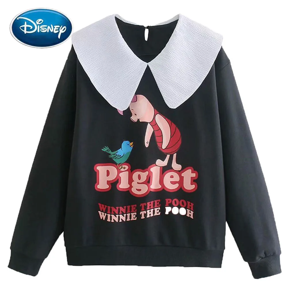 

Disney Sweatshirt Fashion Winnie the Pooh Bear Pig Letter Cartoon Print Women Peter pan Collar Long Sleeve Casual Tops Female
