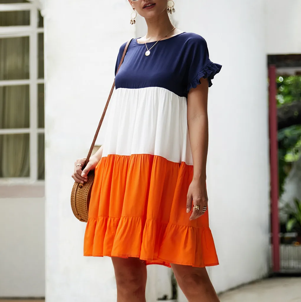 2019 летние современные женские повседневные Лоскутные с круглым вырезом новые