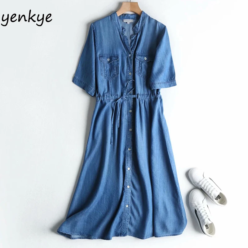 Винтажное голубое джинсовое платье женское свободное Повседневное до колен с