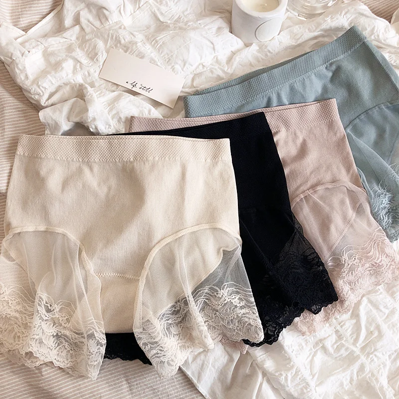 

Anti-glare high-elastic panties lace-edge low-waist boxer briefs, comfortable buttocks abdomen underpants sexy mesh safety pants