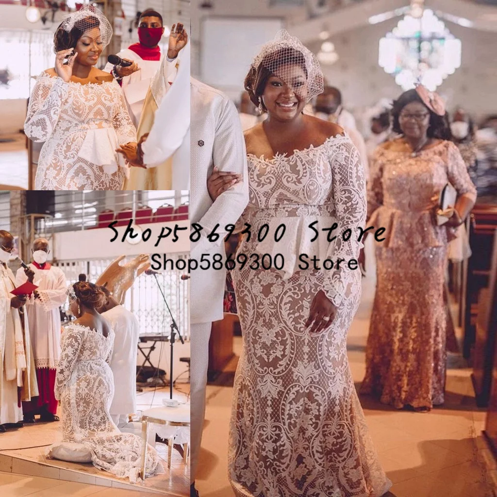 

Plus Size African Mermaid Wedding Dresses 2022 Full Lace Long Sleeve Aso Ebi Peplum Nude Lining Garden Church Bridal Gowns Robes