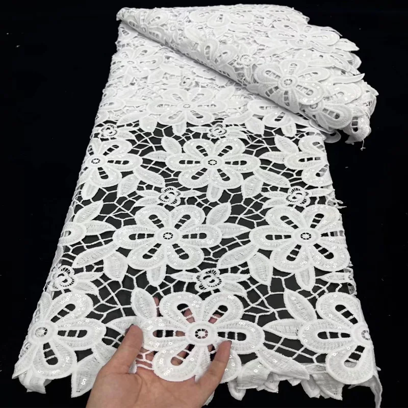 

High Quality Heavy Guipure Church Pure White Lace Fabric For Nigeria Lady AsoEbi Newest Fashion Water Soluble Cord 2021