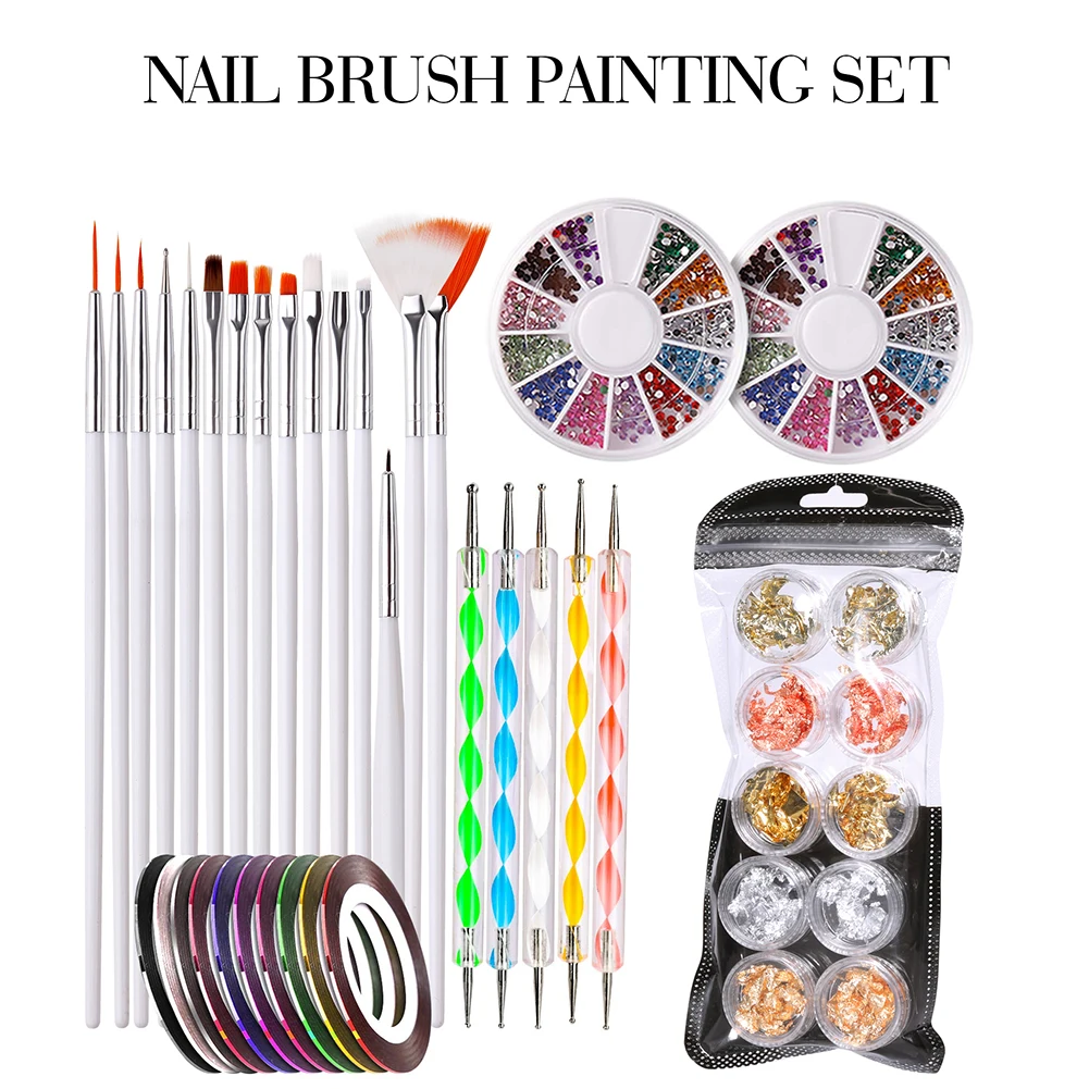 

42pcs Nail Brush Gold Foil Nail Painting Pens Line Rhinestones Acrylic Gel UV Polish Tool Manicure Nail Art Set