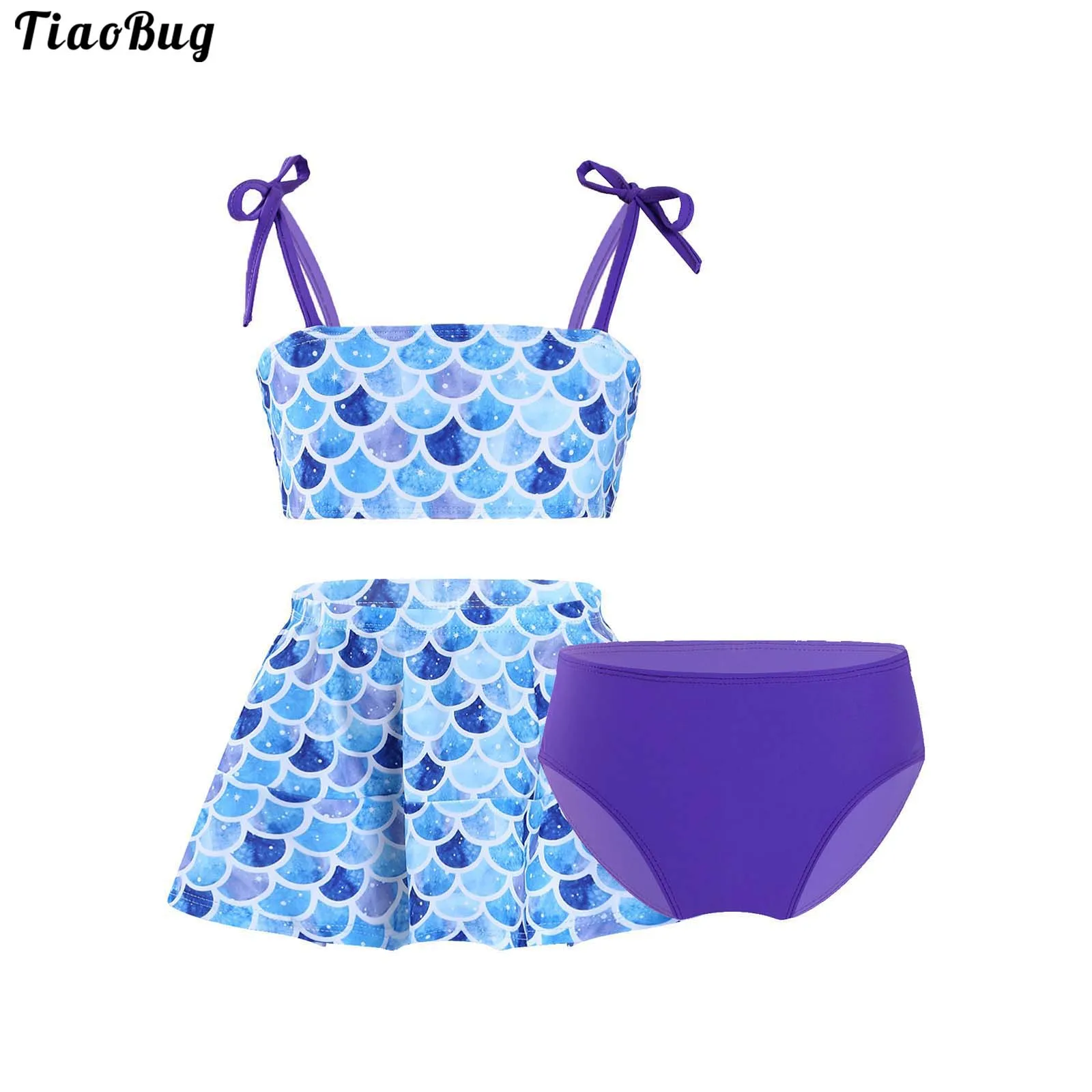 

TiaoBug Summer 3Pcs Kids Girls Floral Print Swimsuit Straps Self Tie Closure Tube Tops With Skirt And Briefs Beach Pool Swimwear