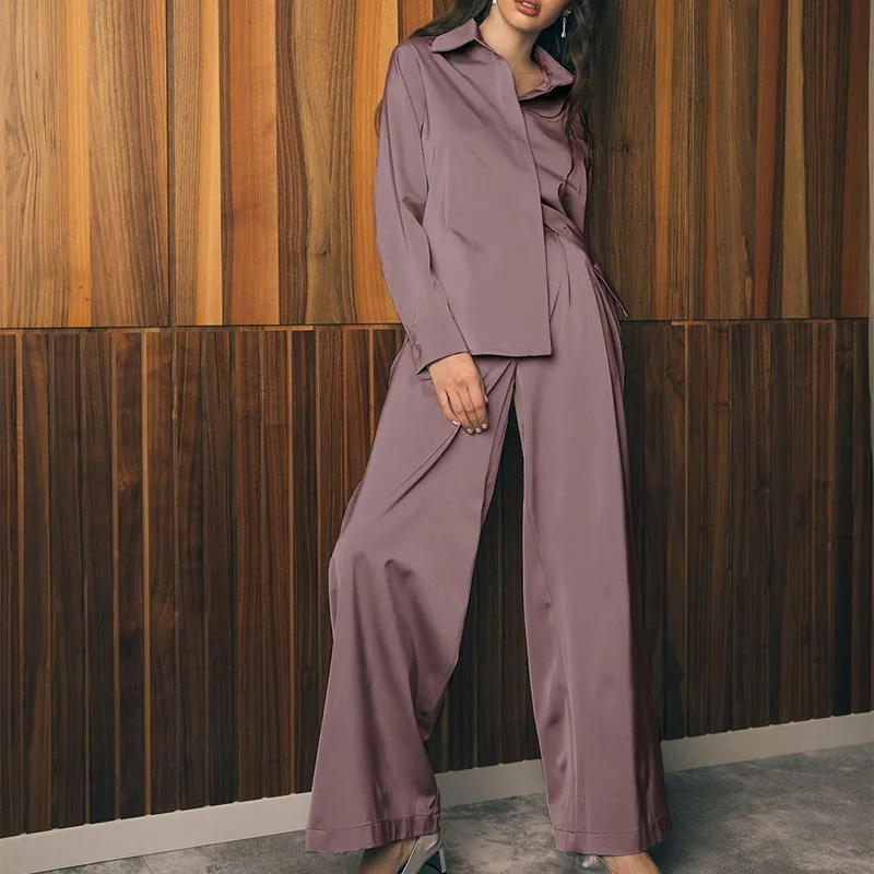 

Spring Two Piece Set Women's Suit Single-Breasted Satin Tops Set And Pants Sets Female 2021 Elegant Fashion Lady Home Wear Suit
