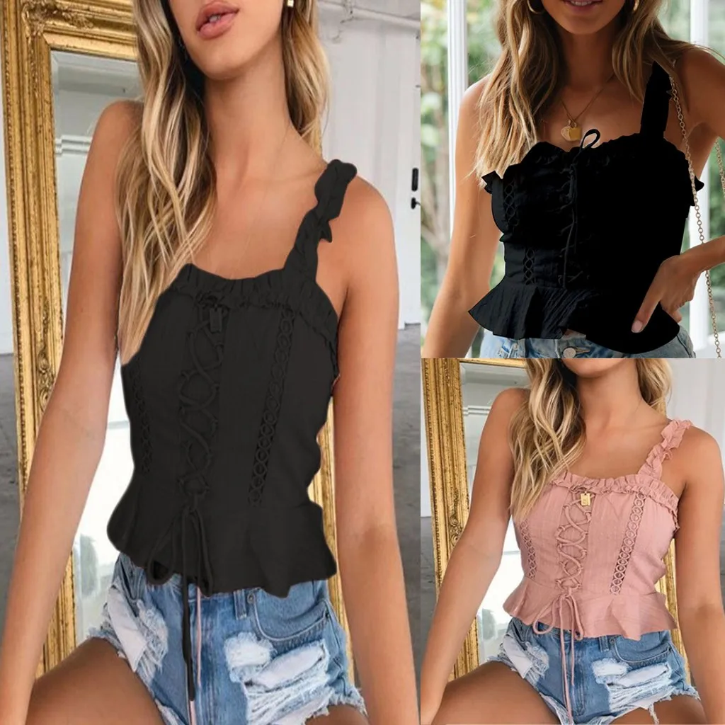 Женский укороченный топ на бретельках летние топы с кружевными оборками жилет