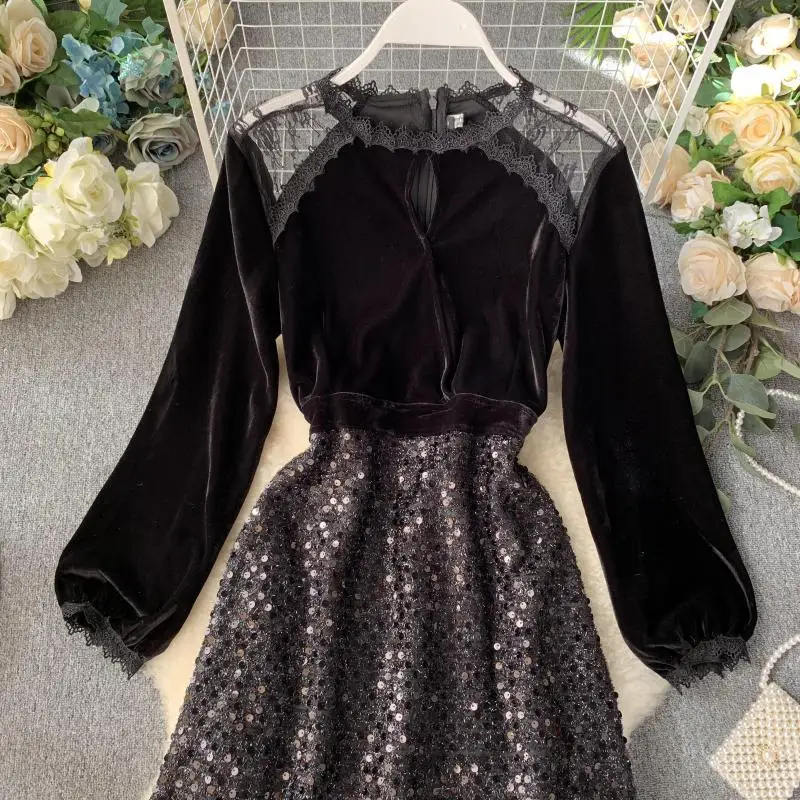 Осень-зима 2019 новинка женское платье с круглым вырезом и рукавом-фонариком