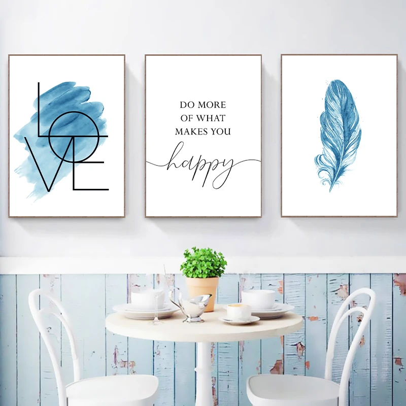 Синий настенный художественный плакат с пером Картина на холсте вдохновляющие