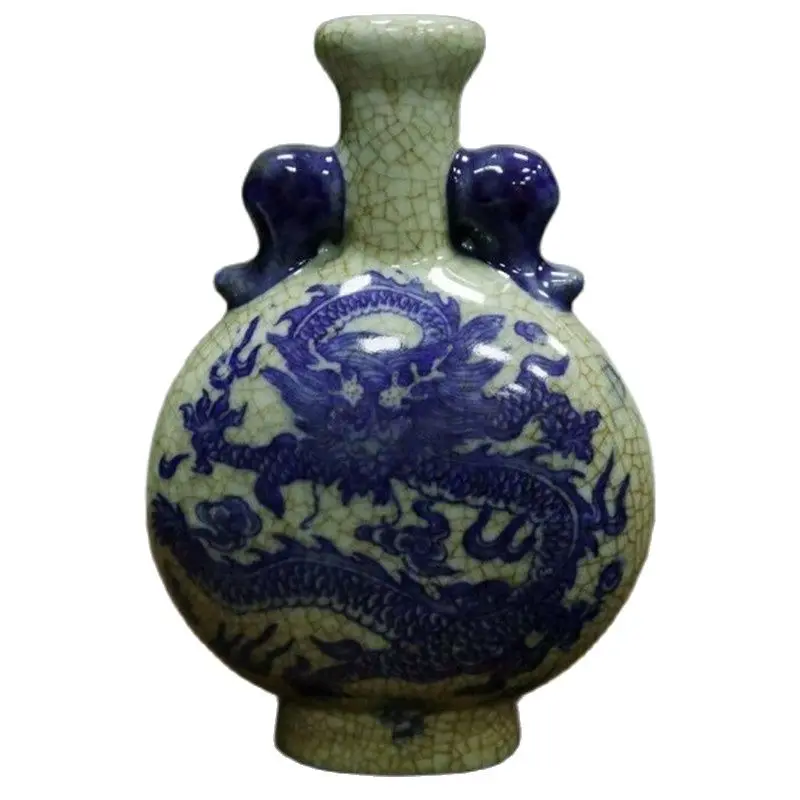 Chinese Old Porcelain Cracked Glaze Opening Blue And White Dragon Pattern Binaural Flat Bottle Vase