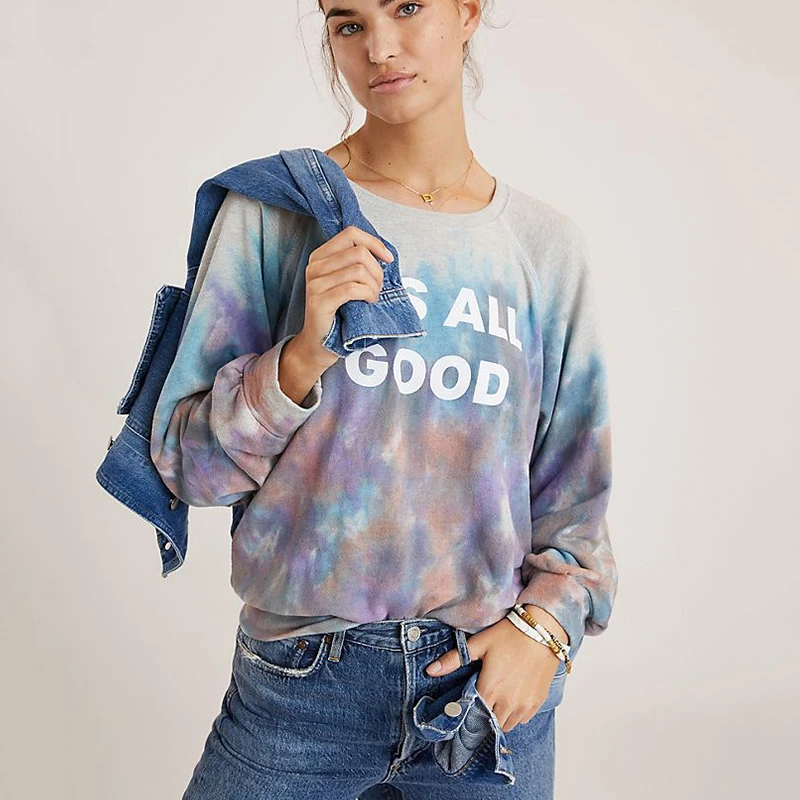 

Casual Plus Size Fashion Girls Vintage Letter Printing Sweatshirt Color Tie Dye Loose Crewneck Pullovers 2021 Autumn New Design