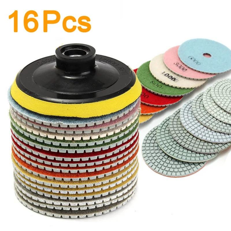 

16pcs/Set Diamond Polishing Pads 4 Inch 100mm Wet/Dry Grinding Discs Kit for Granite Stone Concrete Marble Polishing Use