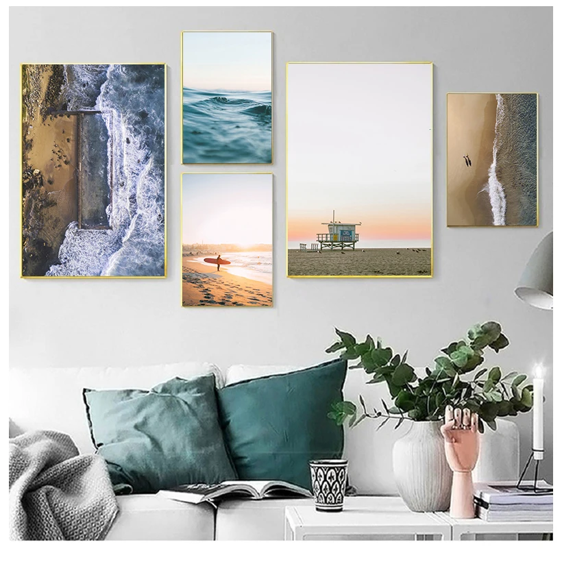 

Морская пляжная волна девушка доска для серфинга пейзаж настенная Картина на холсте скандинавские плакаты и принты настенные картины для д...