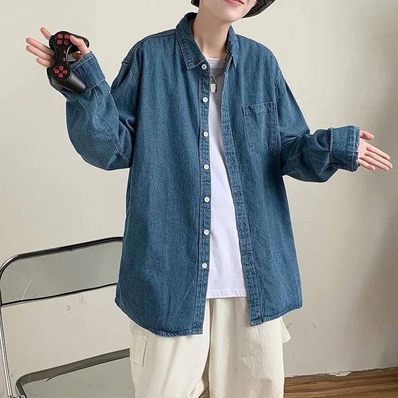 

Мужская джинсовая рубашка, с длинными рукавами, Корейская свободная уличная одежда синего цвета, лето 2021