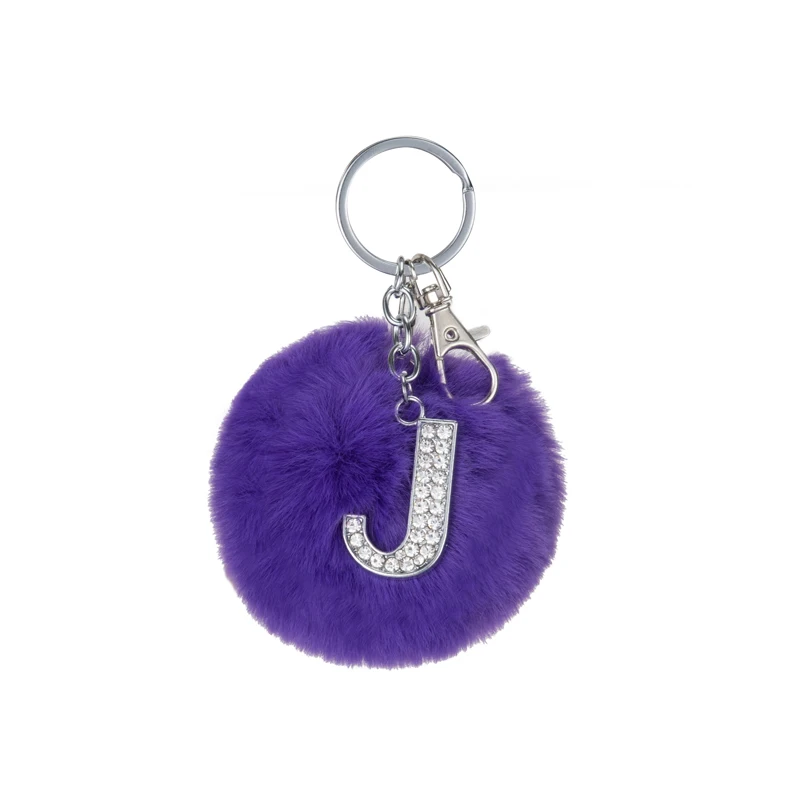 TEH Multicolor Fluffy Pompom Faux Rabbit Fur Ball Keychain with Crystal Letter, Trendy Jewelry Bag Accessory Gift image 3