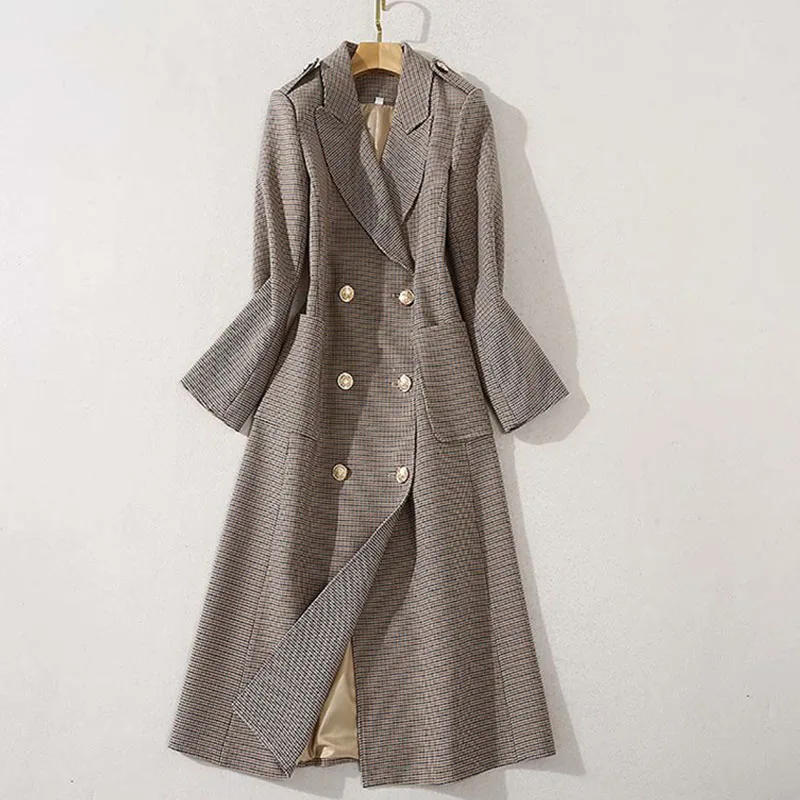 

2021 HIGH QUALITY Newest Runway Coat Women's Notched Long Sleeve Pockets Lion Buttons Houndstooth Wool Long coat