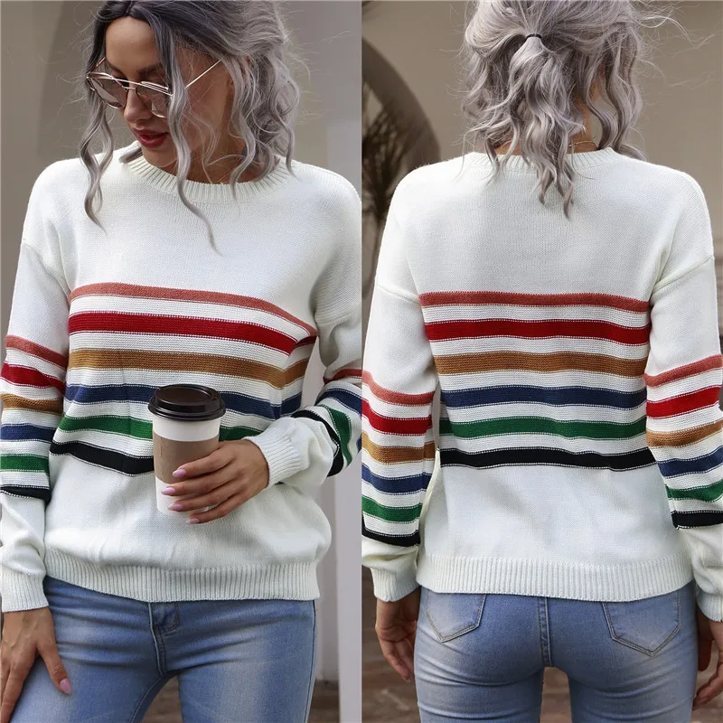 

Womenâ€™s Striped Sweater Fashion Long Sleeve Color Block Knit Loose Jumper Top Femme Blouse Streetwear 2021 Spring Autumn
