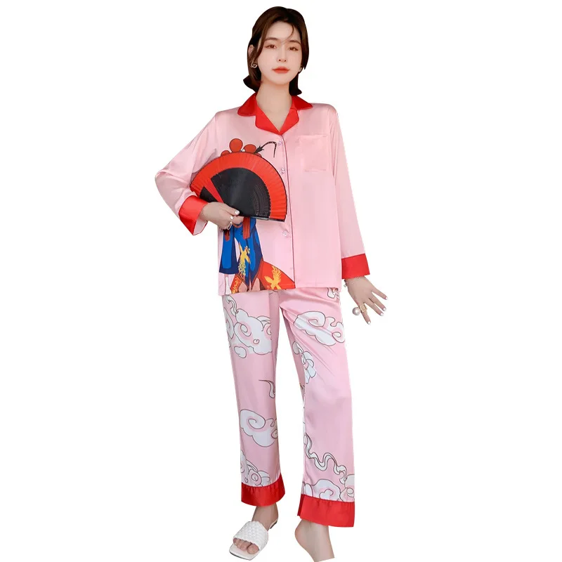 

Chinese Style Cartoon Print 2PCS Satin Pajama Sets Women Pink Full Sleeve Shirt&Pant Sleepwear Spring Autumn Nightwear Home Wear