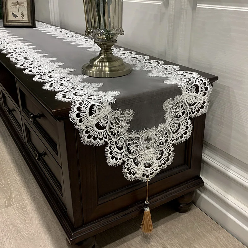 

Europe Embroidered Table Runner Table Flag Cover Lace Tassel Cloth Table Cloth Coffee Shoebox White TV Cabinet Long Tablecloth