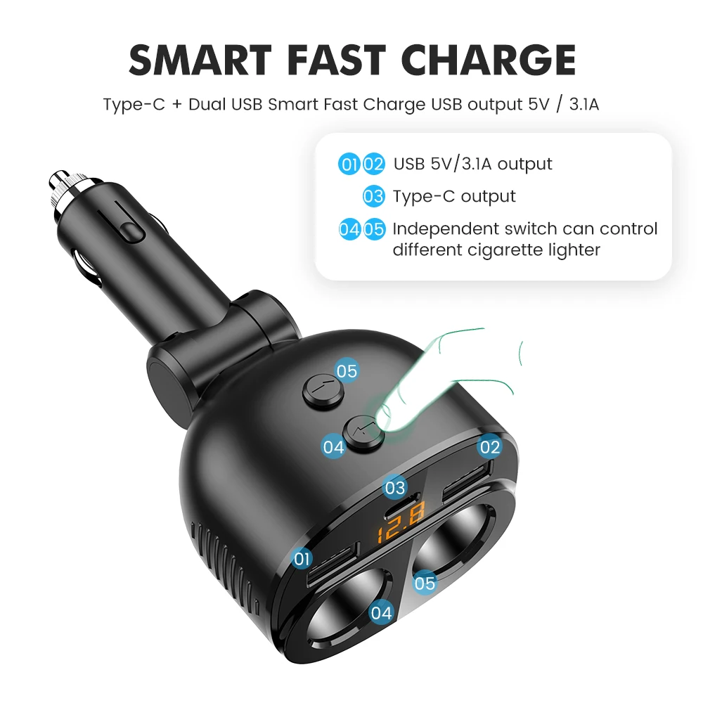 AOSHIKE розетка для автомобильного прикуривателя Разветвитель Авто двойной USB + Type C