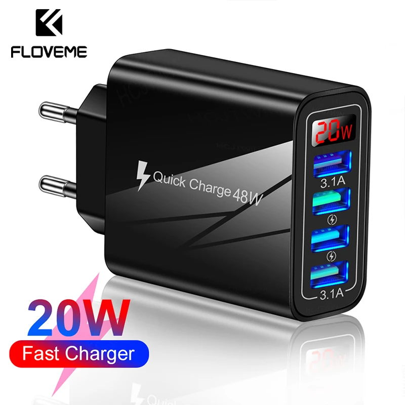 

FLOVEME 48W USB Charger For iPhone Wall Fast Charging Adapter For Samsung Xiaomi Huawei Digital Display Mobile Phone Chargers