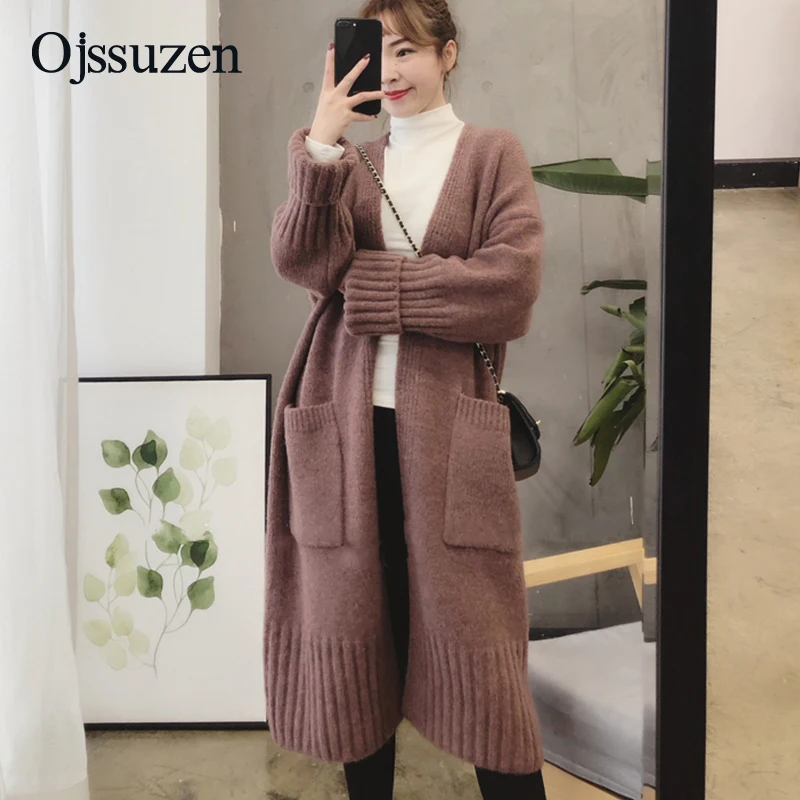 

Thick Warm Winter Women Sweater Cardigan Loose Long With Pocket Soft Knit Jacket Ladies Open Stitch