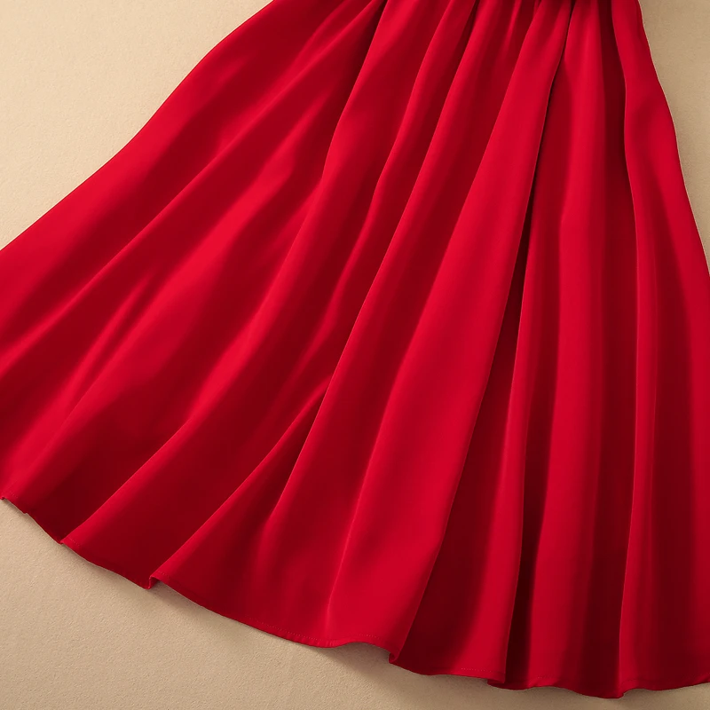 

Runway Designer Fashion Summer New Women's Elegant Vintage Belt Slim V-neck Sexy Short Sleeve Red Midi Party Dress