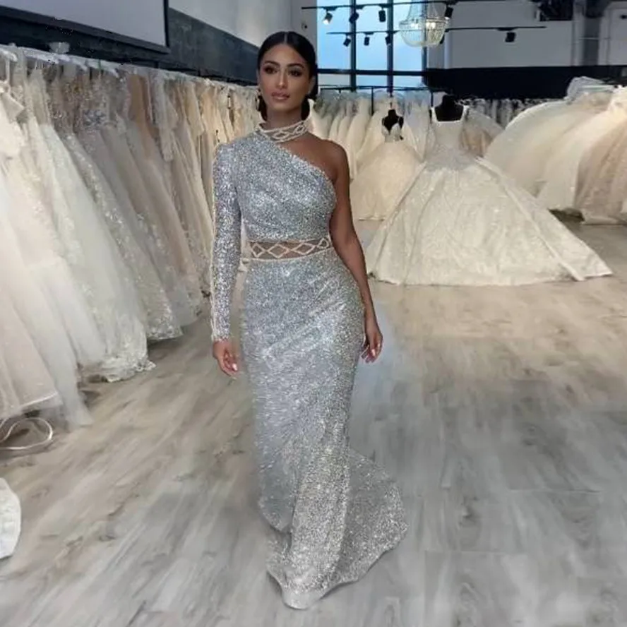 

Elegant Sparkle Silver Sequined Long Prom Dresses One Shoulder Crystal Straight Prom Gowns Fashion Formal Dresses 2021