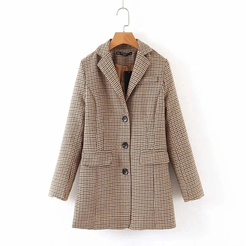 

Vintage Single Breasted Office Lady Plaid Blazer Long Sleeve Loose Autumn Houndstooth Suit Coat Women Blazers Female Jacket 2020