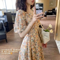 korean version of the new printed v neck floral chiffon dress sweet temperament a line skirt was thin mid length skirt women