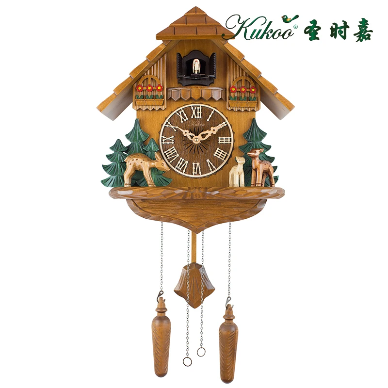 

Cuckoo Clock Bird Sing Wall Clock Green Tree Rabbit/Deer Solid Wood Creative Living Room Pastoral Mute 6050