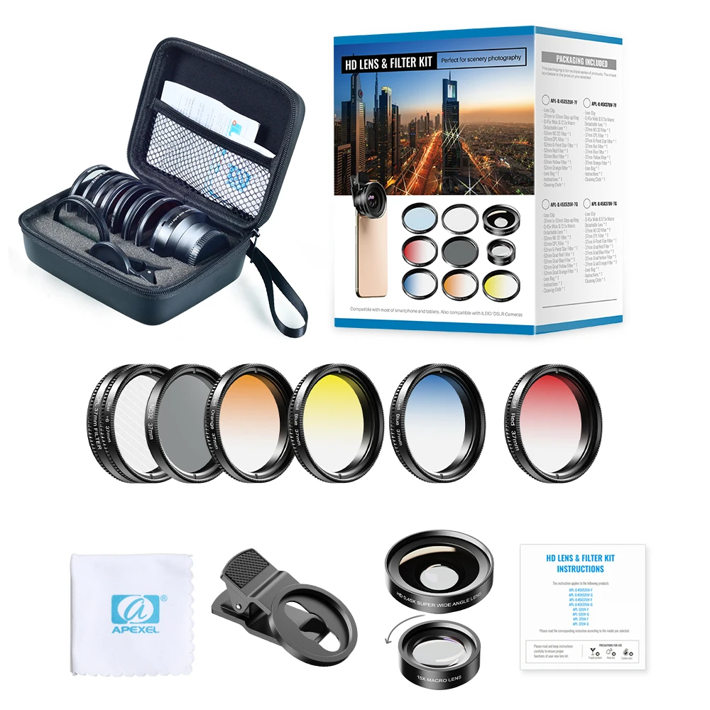 

APEXEL 9in1 37mm Gradient filter Lens Kit 0.45x wide+15x macro Lens Gradual Blue Red Color Filter+CPL+ND+Star Filter for phones