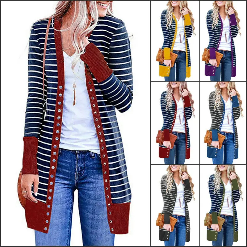 

Plus Size Womens Polychromatic Long Sleeve Loose Button Striped V Neck Knitted Cardigan Sweater Casual Outwear Coat Jacket