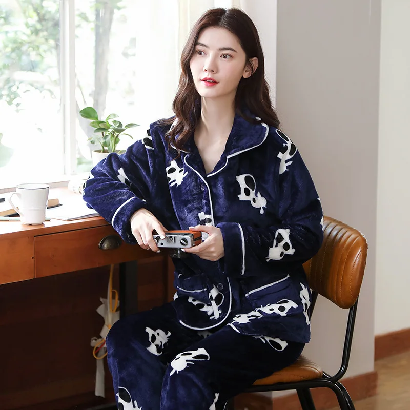 2021 Autumn and Winter Women's Pajamas Long-sleeved Thickened Flannel Cardigan Pijamas Women Home Service Sleep Tops Sleepwear