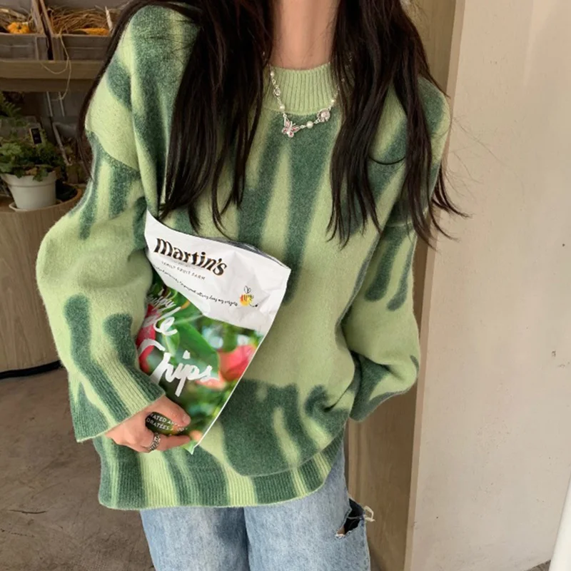 

Green Print Knitted Sweater Women Vintage Green Striped Sweater Oversized Pullovers Women Streetwear Loose Long Sweaters Sueter