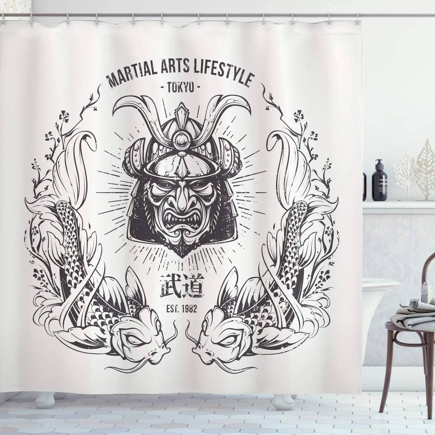 Азиатская занавеска для душа Традиционная японская маска самурая кои рыба