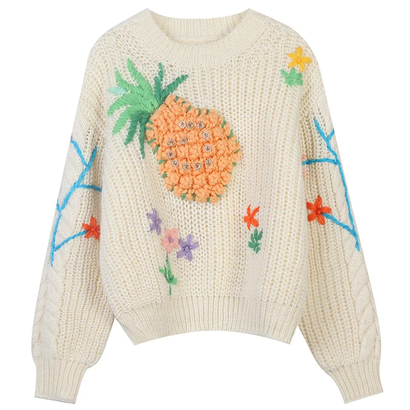 

Women Sweaters and Pullovers Fashion Fruits Embroidery Loose Knit Tops Casual Jumper Jersey 2021 Autumn Winter Japanese Korean